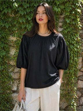 RAVEL Black Contrast Puffed Sleeve Jersey Knit Crewneck Top, L